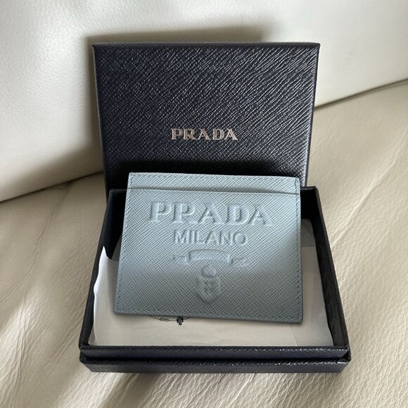 NEW PRADA Cardholder Case Card Case Light blue 100% Authentic Leather Logo - Picture 1 of 6
